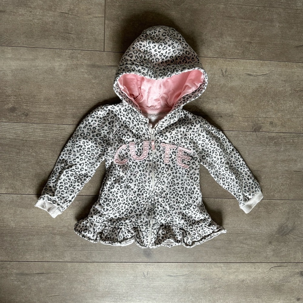 Baby Girl Cheetah “Cute” Print Hoodie Zip Jacket Sweater Cozy 9-12 Months - Picture 7 of 8